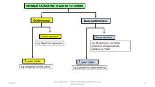 8/15/23
Aaser Abdelazim ---- Professor of Medical Biochemistry and
Molecular Biology
95
HYPONATRAEMIA WITH WATER RETINTION
Oedematous Non-oedematous
Water excretion
water intake
e.g. Nephrotic syndrome
e.g. Inappropriate I/V saline
Water excretion
water intake
e.g. Renal failure, So-called
syndrome of inappropriate
antiduresis (SIAD)
e.g. Compulsive water drinking
 