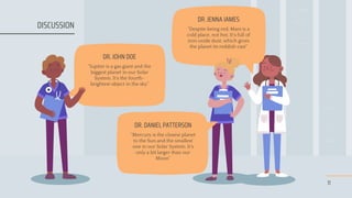 11
“Jupiter is a gas giant and the
biggest planet in our Solar
System. It’s the fourth-
brightest object in the sky”
“Despite being red, Mars is a
cold place, not hot. It’s full of
iron oxide dust, which gives
the planet its reddish cast”
“Mercury is the closest planet
to the Sun and the smallest
one in our Solar System. It’s
only a bit larger than our
Moon”
DR. JOHN DOE
DR. JENNA JAMES
DR. DANIEL PATTERSON
DISCUSSION
 