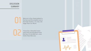 DISCUSSION
SUMMARY
01 Mercury is the closest planet to
the Sun and the smallest one in
the Solar System—it’s only a bit
larger than our Moon
02 Venus has a beautiful name
and is the second planet from
the Sun. It’s terribly hot—even
hotter than Mercury
 