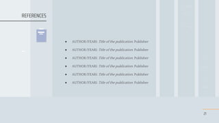 ● AUTHOR (YEAR). Title of the publication. Publisher
● AUTHOR (YEAR). Title of the publication. Publisher
● AUTHOR (YEAR). Title of the publication. Publisher
● AUTHOR (YEAR). Title of the publication. Publisher
● AUTHOR (YEAR). Title of the publication. Publisher
● AUTHOR (YEAR). Title of the publication. Publisher
21
REFERENCES
 