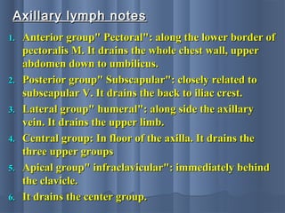 1.1. Anterior group" Pectoral": along the lower border ofAnterior group" Pectoral": along the lower border of
pectoralis M. It drains the whole chest wall, upperpectoralis M. It drains the whole chest wall, upper
abdomen down to umbilicus.abdomen down to umbilicus.
2.2. Posterior group" Subscapular": closely related toPosterior group" Subscapular": closely related to
subscapular V. It drains the back to iliac crest.subscapular V. It drains the back to iliac crest.
3.3. Lateral group" humeral": along side the axillaryLateral group" humeral": along side the axillary
vein. It drains the upper limb.vein. It drains the upper limb.
4.4. Central group: In floor of the axilla. It drains theCentral group: In floor of the axilla. It drains the
three upper groupsthree upper groups
5.5. Apical group" infraclavicular": immediately behindApical group" infraclavicular": immediately behind
the clavicle.the clavicle.
6.6. It drains the center group.It drains the center group.
Axillary lymph notesAxillary lymph notes
 