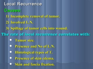 Local RecurrenceLocal Recurrence
1)1) Incomplete removal of tumor.Incomplete removal of tumor.
2)2) Involved L.N.Involved L.N.
3)3) Spillage of tumor cells into wound.Spillage of tumor cells into wound.
The rate of local recurrence correlates with:The rate of local recurrence correlates with:
 Tumor size.Tumor size.
 Presence and No of L.N.Presence and No of L.N.
 Histological types of T.Histological types of T.
 Presence of skin edema.Presence of skin edema.
 Skin and fascia fixation.Skin and fascia fixation.
Causes:Causes:
 
