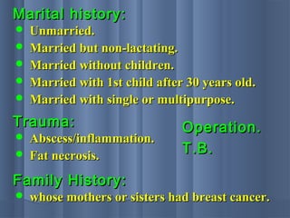  Unmarried.Unmarried.
 Married but non-lactating.Married but non-lactating.
 Married without children.Married without children.
 Married with 1st child after 30 years old.Married with 1st child after 30 years old.
 Married with single or multipurpose.Married with single or multipurpose.
Marital history:Marital history:
 Abscess/inflammation.Abscess/inflammation.
 Fat necrosis.Fat necrosis.
Trauma:Trauma: Operation.Operation.
T.B.T.B.
 whose mothers or sisters had breast cancer.whose mothers or sisters had breast cancer.
Family History:Family History:
 