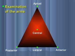 AnteriorPosterior Lateral
Apical
Central
 ExaminationExamination
of the armsof the arms
 