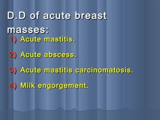 D.D of acute breastD.D of acute breast
masses:masses:
1)1) Acute mastitis.Acute mastitis.
2)2) Acute abscess.Acute abscess.
3)3) Acute mastitis carcinomatosis.Acute mastitis carcinomatosis.
4)4) Milk engorgement.Milk engorgement.
 