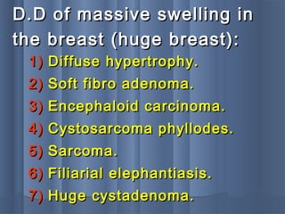 D.D of massive swelling inD.D of massive swelling in
the breast (huge breast):the breast (huge breast):
1)1) Diffuse hypertrophy.Diffuse hypertrophy.
2)2) Soft fibro adenoma.Soft fibro adenoma.
3)3) Encephaloid carcinoma.Encephaloid carcinoma.
4)4) Cystosarcoma phyllodes.Cystosarcoma phyllodes.
5)5) Sarcoma.Sarcoma.
6)6) Filiarial elephantiasis.Filiarial elephantiasis.
7)7) Huge cystadenoma.Huge cystadenoma.
 