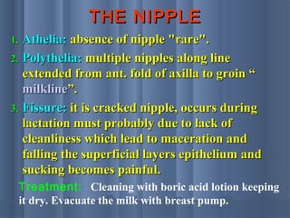 THE NIPPLETHE NIPPLE
1.1. Athelia:Athelia: absence of nipple "rare".absence of nipple "rare".
2.2. Polythelia:Polythelia: multiple nipples along linemultiple nipples along line
extended from ant. fold of axilla to groin “extended from ant. fold of axilla to groin “
milklinemilkline”.”.
3.3. Fissure:Fissure: it is cracked nipple, occurs duringit is cracked nipple, occurs during
lactation must probably due to lack oflactation must probably due to lack of
cleanliness which lead to maceration andcleanliness which lead to maceration and
falling the superficial layers epithelium andfalling the superficial layers epithelium and
sucking becomes painful.sucking becomes painful.
Treatment: Cleaning with boric acid lotion keeping
it dry. Evacuate the milk with breast pump.
 