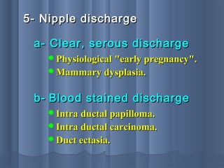 5- Nipple discharge5- Nipple discharge
a- Clear, serous dischargea- Clear, serous discharge
Physiological "early pregnancy".Physiological "early pregnancy".
Mammary dysplasia.Mammary dysplasia.
b-b- Blood stained dischargeBlood stained discharge
Intra ductal papilloma.Intra ductal papilloma.
Intra ductal carcinoma.Intra ductal carcinoma.
Duct ectasia.Duct ectasia.
 