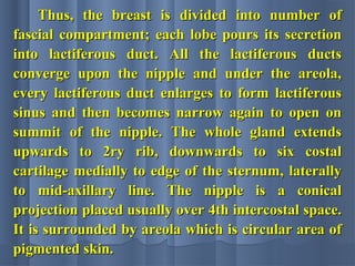 Thus, the breast is divided into number ofThus, the breast is divided into number of
fascial compartment; each lobe pours its secretionfascial compartment; each lobe pours its secretion
into lactiferous duct. All the lactiferous ductsinto lactiferous duct. All the lactiferous ducts
converge upon the nipple and under the areola,converge upon the nipple and under the areola,
every lactiferous duct enlarges to form lactiferousevery lactiferous duct enlarges to form lactiferous
sinus and then becomes narrow again to open onsinus and then becomes narrow again to open on
summit of the nipple. The whole gland extendssummit of the nipple. The whole gland extends
upwards to 2ry rib, downwards to six costalupwards to 2ry rib, downwards to six costal
cartilage medially to edge of the sternum, laterallycartilage medially to edge of the sternum, laterally
to mid-axillary line. The nipple is a conicalto mid-axillary line. The nipple is a conical
projection placed usually over 4th intercostal space.projection placed usually over 4th intercostal space.
It is surrounded by areola which is circular area ofIt is surrounded by areola which is circular area of
pigmented skin.pigmented skin.
 