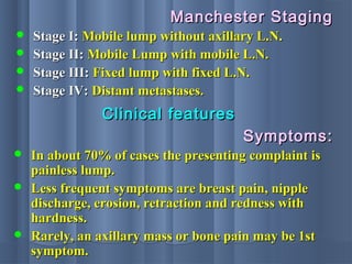  Stage I:Stage I: Mobile lump without axillary L.N.Mobile lump without axillary L.N.
 Stage II:Stage II: Mobile Lump with mobile L.N.Mobile Lump with mobile L.N.
 Stage III:Stage III: Fixed lump with fixed L.N.Fixed lump with fixed L.N.
 Stage IV:Stage IV: Distant metastases.Distant metastases.
Manchester StagingManchester Staging
 In about 70% of cases the presenting complaint isIn about 70% of cases the presenting complaint is
painless lump.painless lump.
 Less frequent symptoms are breast pain, nippleLess frequent symptoms are breast pain, nipple
discharge, erosion, retraction and redness withdischarge, erosion, retraction and redness with
hardness.hardness.
 Rarely, an axillary mass or bone pain may be 1stRarely, an axillary mass or bone pain may be 1st
symptom.symptom.
Clinical featuresClinical features
Symptoms:Symptoms:
 