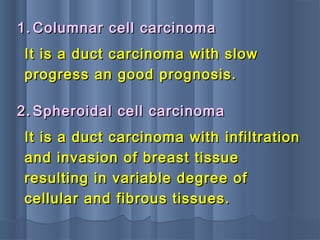 It is a duct carcinoma with slowIt is a duct carcinoma with slow
progress an good prognosis.progress an good prognosis.
1.1. Columnar cell carcinomaColumnar cell carcinoma
It is a duct carcinoma withIt is a duct carcinoma with infiltrationinfiltration
and invasion of breast tissueand invasion of breast tissue
resulting in variable degree ofresulting in variable degree of
cellular and fibrous tissues.cellular and fibrous tissues.
2.2. Spheroidal cell carcinomaSpheroidal cell carcinoma
 