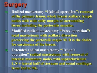 SurgerySurgery
1)1) Radical mastectomyRadical mastectomy ““Halsted operationHalsted operation”: removal”: removal
of the primary lesion, whole breast axillary lymphof the primary lesion, whole breast axillary lymph
nodes with wide softy margin of surroundingnodes with wide softy margin of surrounding
tissue including the pectoralis muscles.tissue including the pectoralis muscles.
2)2) Modified radical mastectomyModified radical mastectomy ““Patey operationPatey operation”:”:
total mastectomy with axillary dissectiontotal mastectomy with axillary dissection
preserving the pectoralis major M. It is the choicepreserving the pectoralis major M. It is the choice
for carcinoma of the breast.for carcinoma of the breast.
3)3) Extended radical mastectomyExtended radical mastectomy ““Urban’sUrban’s
operationoperation” radical mastectomy with removal of” radical mastectomy with removal of
internal mammary nodes with supraclavicularinternal mammary nodes with supraclavicular
L.N + lateral half of sternum and costal cartilagesL.N + lateral half of sternum and costal cartilages
from 2nd to 5th.from 2nd to 5th.
 