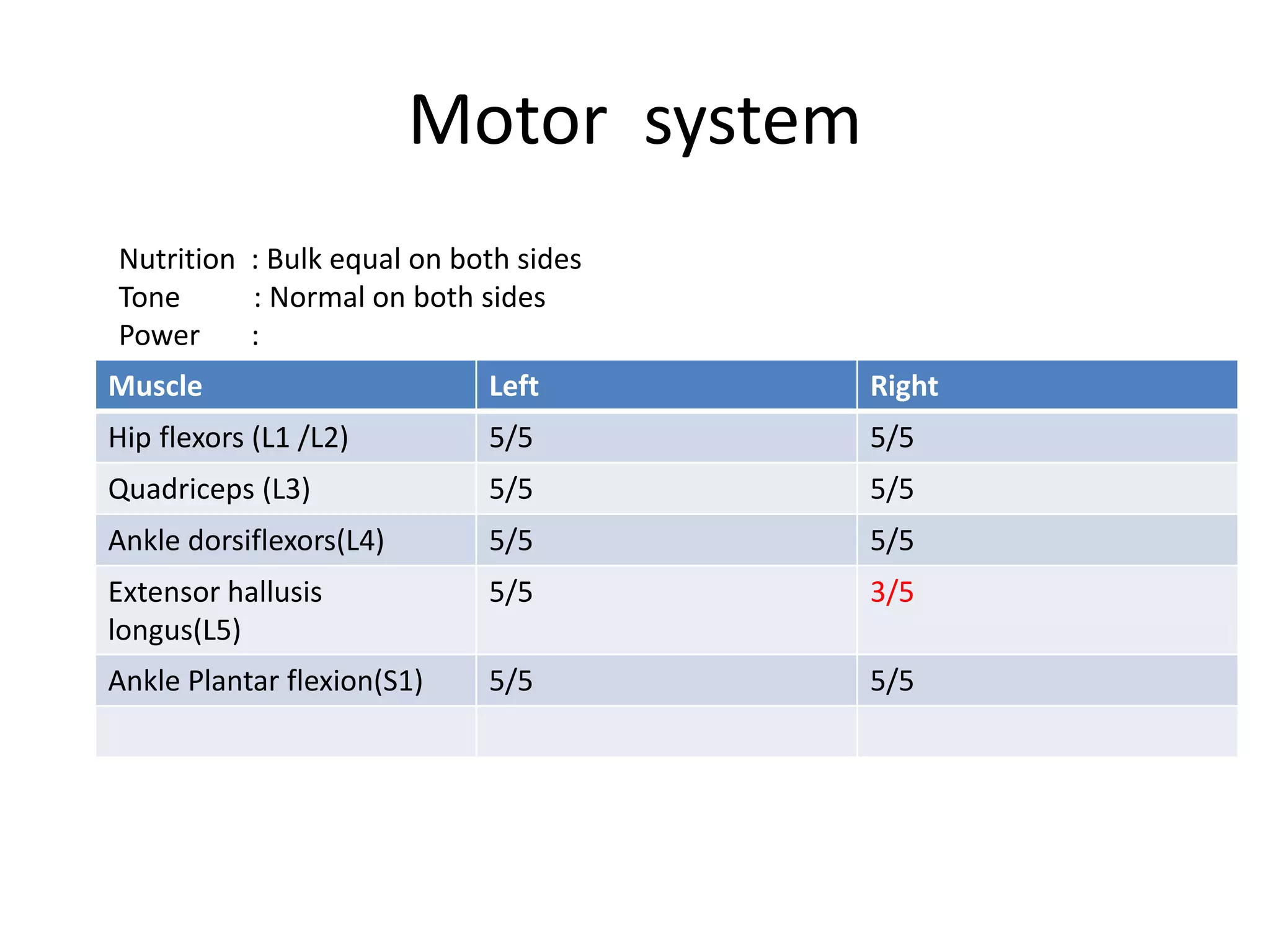 Motor system
Muscle Left Right
Hip flexors (L1 /L2) 5/5 5/5
Quadriceps (L3) 5/5 5/5
Ankle dorsiflexors(L4) 5/5 5/5
Extensor hallusis
longus(L5)
5/5 3/5
Ankle Plantar flexion(S1) 5/5 5/5
Nutrition : Bulk equal on both sides
Tone : Normal on both sides
Power :
 