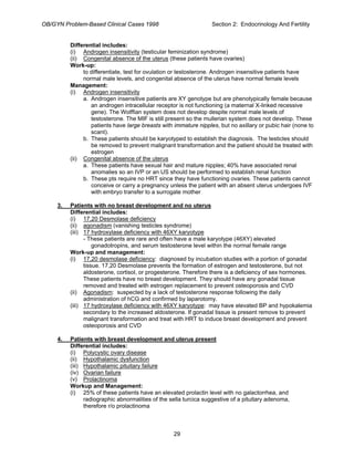 OB/GYN Problem-Based Clinical Cases 1998 Section 2: Endocrinology And Fertility
Differential includes:
(i) Androgen insensitivity (testicular feminization syndrome)
(ii) Congenital absence of the uterus (these patients have ovaries)
Work-up:
to differentiate, test for ovulation or testosterone. Androgen insensitive patients have
normal male levels, and congenital absence of the uterus have normal female levels
Management:
(i) Androgen insensitivity
a. Androgen insensitive patients are XY genotype but are phenotypically female because
an androgen intracellular receptor is not functioning (a maternal X-linked recessive
gene). The Wolffian system does not develop despite normal male levels of
testosterone. The MIF is still present so the mullerian system does not develop. These
patients have large breasts with immature nipples, but no axillary or pubic hair (none to
scant).
b. These patients should be karyotyped to establish the diagnosis. The testicles should
be removed to prevent malignant transformation and the patient should be treated with
estrogen
(ii) Congenital absence of the uterus
a. These patients have sexual hair and mature nipples; 40% have associated renal
anomalies so an IVP or an US should be performed to establish renal function
b. These pts require no HRT since they have functioning ovaries. These patients cannot
conceive or carry a pregnancy unless the patient with an absent uterus undergoes IVF
with embryo transfer to a surrogate mother
3. Patients with no breast development and no uterus
Differential includes:
(i) 17,20 Desmolase deficiency
(ii) agonadism (vanishing testicles syndrome)
(iii) 17 hydroxylase deficiency with 46XY karyotype
- These patients are rare and often have a male karyotype (46XY) elevated
gonadotropins, and serum testosterone level within the normal female range
Work-up and management:
(i) 17,20 desmolase deficiency: diagnosed by incubation studies with a portion of gonadal
tissue. 17,20 Desmolase prevents the formation of estrogen and testosterone, but not
aldosterone, cortisol, or progesterone. Therefore there is a deficiency of sex hormones.
These patients have no breast development. They should have any gonadal tissue
removed and treated with estrogen replacement to prevent osteoporosis and CVD
(ii) Agonadism: suspected by a lack of testosterone response following the daily
administration of hCG and confirmed by laparotomy.
(iii) 17 hydroxylase deficiency with 46XY karyotype: may have elevated BP and hypokalemia
secondary to the increased aldosterone. If gonadal tissue is present remove to prevent
malignant transformation and treat with HRT to induce breast development and prevent
osteoporosis and CVD
4. Patients with breast development and uterus present
Differential includes:
(i) Polycystic ovary disease
(ii) Hypothalamic dysfunction
(iii) Hypothalamic pituitary failure
(iv) Ovarian failure
(v) Prolactinoma
Workup and Management:
(i) 25% of these patients have an elevated prolactin level with no galactorrhea, and
radiographic abnormalities of the sella turcica suggestive of a pituitary adenoma,
therefore r/o prolactinoma
29
 
