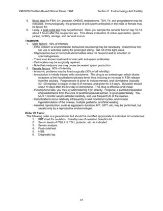 OB/GYN Problem-Based Clinical Cases 1998 Section 2: Endocrinology And Fertility
5. Blood tests for FSH, LH, prolactin, OHEAS, testosterone, TSH, T4, and progesterone may be
indicated. Immunologically, the presence of anti-sperm antibodies in the male or female may
be tested for.
6. Lastly, a post-coital test may be performed. Here, you sample the cervical fluid on day 10-14
about 8 hours after the couple has sex. This allows evaluation of coitus, ejaculation, sperm
pickup, motility, storage, and cervical mucus.
Treatment:
1. Male factors: 40% of infertility
- If the problem is environmental, behavioral counseling may be necessary. Discontinue hot
tub use or activities calling for prolonged sitting. Get rid of the tight jeans.
- Oligospermia due to hormonal abnormalities does not respond well to induction of
spermatogenesis.
- There is no known treatment for men with anti-sperm antibodies.
- Varicoceles may be surgically repaired.
- Note that marijuana use may cause decreased sperm production.
2. Female factors: 60% of infertility
- Anatomic problems may be fixed surgically (30% of all infertility)
- Anovulation is initially treated with clomiphene. This drug is an antiestrogen which blocks
receptors at the hypothalamic/pituitary level, thus inducing an increase in FSH release
from the pituitary. Progesterone is given to induce menses, and clomiphene (typically
50-100 mg/day) is begun on day 5 of menses, and given for 3-5 days. Ovulation should
occur 14 days after the first day of clomiphene. This drug is effective and cheap.
- If clomiphene fails, you may try administering FSH directly. Pergonal, a purified preparation
of gonadotropins from the urine of postmenopausal women, is given parenterally. You
MUST monitor serum estradiol carefully, and use frequent US of the ovaries.
- Complications occur relatively infrequently in well monitored cycles, and include
hyperstimulation of the ovaries, multiple gestation, and fetal wasting.
- Assisted reproduction, such as egg/sperm donation, IVF, GIFT, etc, may be performed, but
usually only by a reproductive endocrinologist.
Order Of Tests:
The following order is a general rule, but should be modified appropriate to individual circumstances:
1. BBT chart for ovulation. Possibly use of ovulation detection kit.
2. Serum levels of FSH, LH, TSH, prolactin, etc. as indicated
3. Semen analysis.
4. Post-coital test.
5. HSG.
6. Diagnostic lap.
31
 