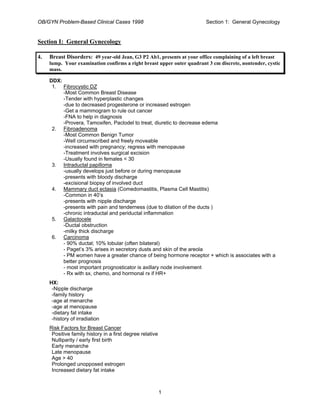 OB/GYN Problem-Based Clinical Cases 1998 Section 1: General Gynecology
Section I: General Gynecology
4. Breast Disorders: 49 year-old Jean, G3 P2 Ab1, presents at your office complaining of a left breast
lump. Your examination confirms a right breast upper outer quadrant 3 cm discrete, nontender, cystic
mass.
DDX:
1. Fibrocystic DZ
-Most Common Breast Disease
-Tender with hyperplastic changes
-due to decreased progesterone or increased estrogen
-Get a mammogram to rule out cancer
-FNA to help in diagnosis
-Provera, Tamoxifen, Paclodel to treat, diuretic to decrease edema
2. Fibroadenoma
-Most Common Benign Tumor
-Well circumscribed and freely moveable
-increased with pregnancy; regress with menopause
-Treatment involves surgical excision
-Usually found in females < 30
3. Intraductal papilloma
-usually develops just before or during menopause
-presents with bloody discharge
-excisional biopsy of involved duct
4. Mammary duct ectasia (Comedomastitis, Plasma Cell Mastitis)
-Common in 40’s
-presents with nipple discharge
-presents with pain and tenderness (due to dilation of the ducts )
-chronic intraductal and periductal inflammation
5. Galactocele
-Ductal obstruction
-milky thick discharge
6. Carcinoma
- 90% ductal; 10% lobular (often bilateral)
- Paget’s 3% arises in secretory dusts and skin of the areola
- PM women have a greater chance of being hormone receptor + which is associates with a
better prognosis
- most important prognosticator is axillary node involvement
- Rx with sx, chemo, and hormonal rx if HR+
HX:
-Nipple discharge
-family history
-age at menarche
-age at menopause
-dietary fat intake
-history of irradiation
Risk Factors for Breast Cancer
Positive family history in a first degree relative
Nulliparity / early first birth
Early menarche
Late menopause
Age > 40
Prolonged unopposed estrogen
Increased dietary fat intake
1
 