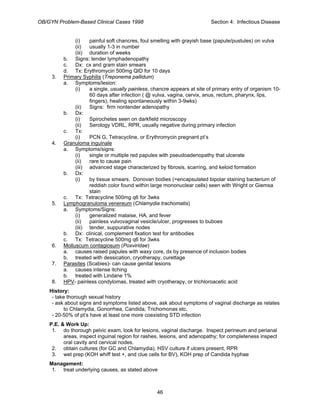 OB/GYN Problem-Based Clinical Cases 1998 Section 4: Infectious Disease
(i) painful soft chancres, foul smelling with grayish base (papule/pustules) on vulva
(ii) usually 1-3 in number
(iii) duration of weeks
b. Signs: tender lymphadenopathy
c. Dx: cx and gram stain smears
d. Tx: Erythromycin 500mg QID for 10 days
3. Primary Syphilis (Treponema pallidum)
a. Symptoms/lesion:
(i) a single, usually painless, chancre appears at site of primary entry of organism 10-
60 days after infection ( @ vulva, vagina, cervix, anus, rectum, pharynx, lips,
fingers), healing spontaneously within 3-9wks)
(ii) Signs: firm nontender adenopathy
b. Dx:
(i) Spirochetes seen on darkfield microscopy
(ii) Serology VDRL, RPR, usually negative during primary infection
c. Tx:
(i) PCN G, Tetracycline, or Erythromycin pregnant pt’s
4. Granuloma inguinale
a. Symptoms/signs:
(i) single or multiple red papules with pseudoadenopathy that ulcerate
(ii) rare to cause pain
(iii) advanced stage characterized by fibrosis, scarring, and keloid formation
b. Dx:
(i) by tissue smears. Donovan bodies (=encapsulated bipolar staining bacterium of
reddish color found within large mononuclear cells) seen with Wright or Giemsa
stain
c. Tx: Tetracycline 500mg q6 for 3wks
5. Lymphogranuloma venereum (Chlamydia trachomatis)
a. Symptoms/Signs:
(i) generalized malaise, HA, and fever
(ii) painless vulvovaginal vesicle/ulcer, progresses to buboes
(iii) tender, suppurative nodes
b. Dx: clinical, complement fixation test for antibodies
c. Tx: Tetracycline 500mg q6 for 3wks
6. Molluscum contagiosum (Poxviridae)
a. causes raised papules with waxy core, dx by presence of inclusion bodies
b. treated with dessication, cryotherapy, curettage
7. Parasites (Scabies)- can cause genital lesions
a. causes intense itching
b. treated with Lindane 1%
8. HPV- painless condylomas, treated with cryotherapy, or trichloroacetic acid
History:
- take thorough sexual history
- ask about signs and symptoms listed above, ask about symptoms of vaginal discharge as relates
to Chlamydia, Gonorrhea, Candida, Trichomonas etc.
- 20-50% of pt’s have at least one more coexisting STD infection
P.E. & Work Up:
1. do thorough pelvic exam, look for lesions, vaginal discharge. Inspect perineum and perianal
areas, inspect inguinal region for rashes, lesions, and adenopathy; for completeness inspect
oral cavity and cervical nodes.
2. obtain cultures (for GC and Chlamydia), HSV culture if ulcers present, RPR
3. wet prep (KOH whiff test +, and clue cells for BV), KOH prep of Candida hyphae
Management:
1. treat underlying causes, as stated above
46
 