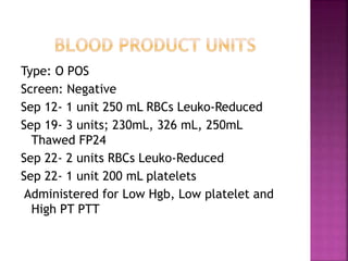 Sep 6 Sep 8 Sep 18
Color Yellow Yellow Amber
Clarity Slightly cloudy Clear Slightly cloudy
Bilirubin
Negative
Negative Negative Small
Ketones
Negtaive
Negative Negative Trace
Blood Negative Large Moderate Moderate
Protein
Negative
Negative Negative 30 mg/dL
RBC
0-5 hpf
10-14 hpf 1-4 hpf 5-9 hpf
WBC
0-10 hpf
10-14 hpf 1-4 hpf 5-9 hpf
Bacteria
Negative
present OCC OCC
 