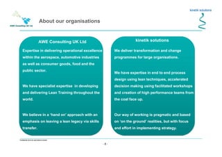 - 8 -
Confidential not to be used without consent
kinetik solutions
We deliver transformation and change
programmes for large organisations.
We have expertise in end to end process
design using lean techniques, accelerated
decision making using facilitated workshops
and creation of high performance teams from
the coal face up.
Our way of working is pragmatic and based
on ‘on the ground’ realities, but with focus
and effort in implementing strategy.
Expertise in delivering operational excellence
within the aerospace, automotive industries
as well as consumer goods, food and the
public sector.
We have specialist expertise in developing
and delivering Lean Training throughout the
world.
We believe in a ‘hand on’ approach with an
emphasis on leaving a lean legacy via skills
transfer.
AWE Consulting UK Ltd
About our organisations
 