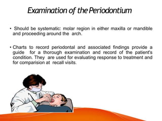 Examination of thePeriodontium
• Should be systematic: molar region in either maxilla or mandible
and proceeding around the arch.
• Charts to record periodontal and associated findings provide a
guide for a thorough examination and record of the patient's
condition. They are used for evaluating response to treatment and
for comparision at recall visits.
 