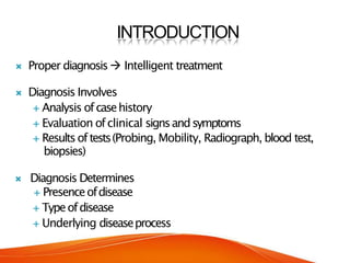 INTRODUCTION
 Proper diagnosis Intelligent treatment
 Diagnosis Involves
 Analysis ofcasehistory
 Evaluation ofclinical signsandsymptoms
 Resultsoftests(Probing, Mobility, Radiograph, blood test,
biopsies)
 Diagnosis Determines
 Presenceofdisease
 Typeofdisease
 Underlying diseaseprocess
 