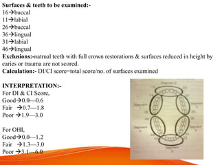 Surfaces & teeth to be examined:-
16buccal
11labial
26buccal
36lingual
31labial
46lingual
Exclusions:-natrual teeth with full crown restorations & surfaces reduced in height by
caries or trauma are not scored.
Calculation:- DI/CI score=total score/no. of surfaces examined
INTERPRETATION:-
For DI & CI Score,
Good0.0—0.6
Fair 0.7—1.8
Poor 1.9—3.0
For OHI,
Good0.0—1.2
Fair 1.3—3.0
Poor 3.1—6.0
 