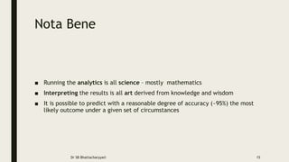 Nota Bene
■ Running the analytics is all science – mostly mathematics
■ Interpreting the results is all art derived from knowledge and wisdom
■ It is possible to predict with a reasonable degree of accuracy (~95%) the most
likely outcome under a given set of circumstances
Dr SB Bhattacharyya© 15
 