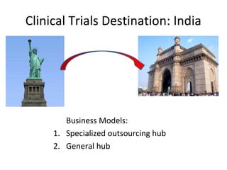 Clinical Trials Destination: India
Business Models:
1. Specialized outsourcing hub
2. General hub
 