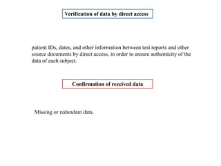 Verification of data by direct access
patient IDs, dates, and other information between test reports and other
source documents by direct access, in order to ensure authenticity of the
data of each subject.
Confirmation of received data
Missing or redundant data.
 