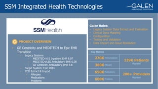 Galen Roles:
• Legacy System Data Extract and Evaluation
• Clinical Data Mapping
• Configuration
• Testing and Validation
• Data Import and Issue Resolution
• GE Centricity and MEDITECH to Epic EHR
Transition
⁃ Legacy Systems
⁃ MEDITECH 6.0 Inpatient EHR 6.07
⁃ MEDITECH/LSS Ambulatory EHR 6.08
⁃ GE Centricity Ambulatory EMR 9.8
⁃ Target System: Epic 2014
⁃ CCD Extract & Import
⁃ Allergies
⁃ Medications
⁃ Problems
Key Metrics
Immunizations270K
Allergies360K
Medications650K
Problems600K
139K Patients
Migrated
200+ Providers
Migrated
SSM Integrated Health Technologies
 