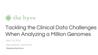 Tackling the Clinical Data Challenges
When Analyzing a Million Genomes
April 18, 2019
Kees van Bochove – CEO The Hyve
@keesvanbochove
 