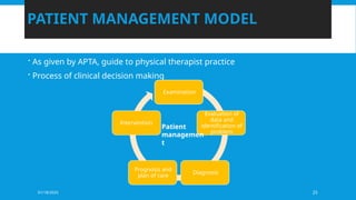 01/18/2025 25
PATIENT MANAGEMENT MODEL
 As given by APTA, guide to physical therapist practice
 Process of clinical decision making
Examination
Evaluation of
data and
identification of
problem
Diagnosis
Prognosis and
plan of care
Intervention
Patient
managemen
t
 