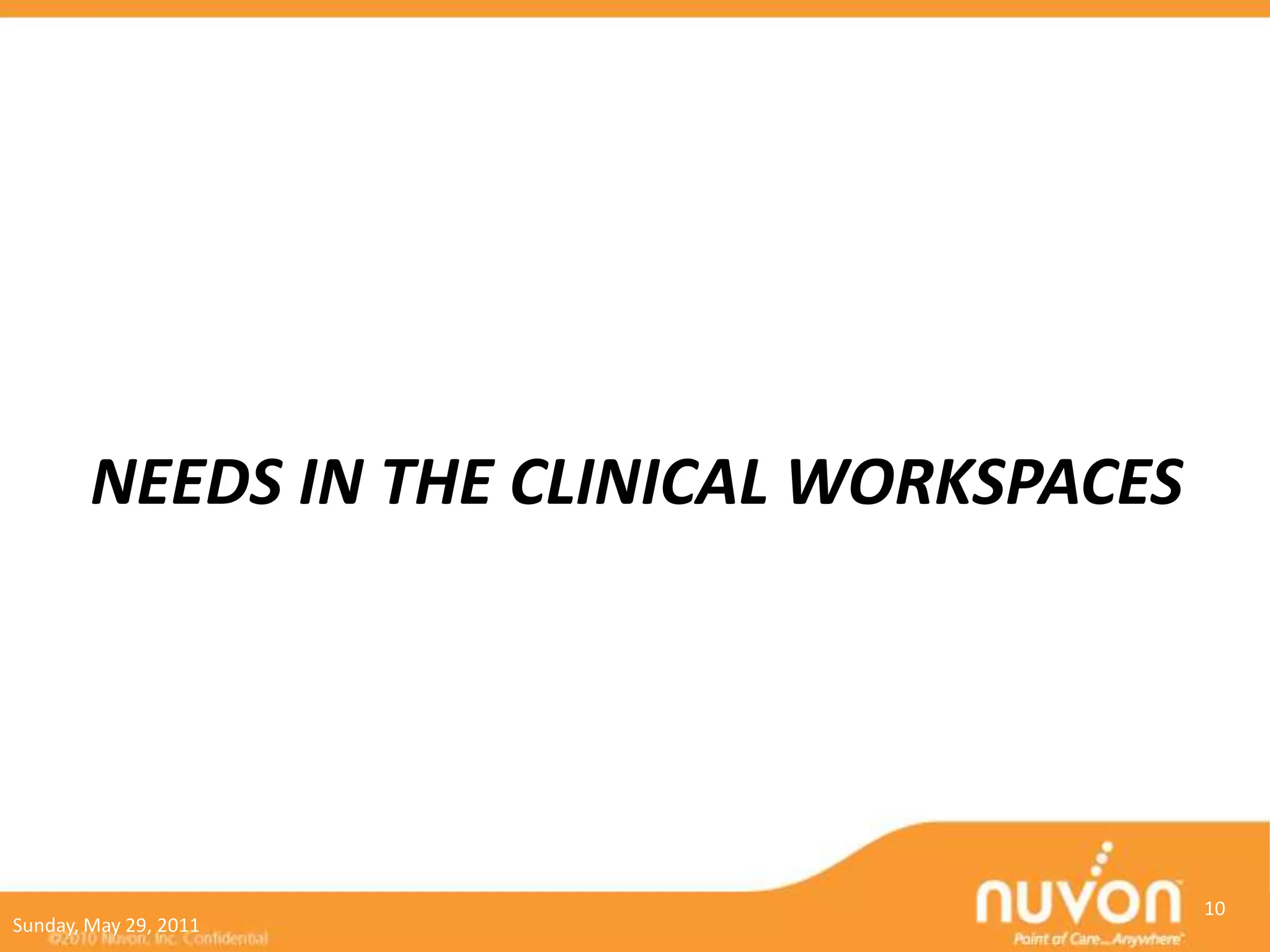 NEEDS IN THE CLINICAL WORKSPACES




                                           10
Sunday, May 29, 2011
 