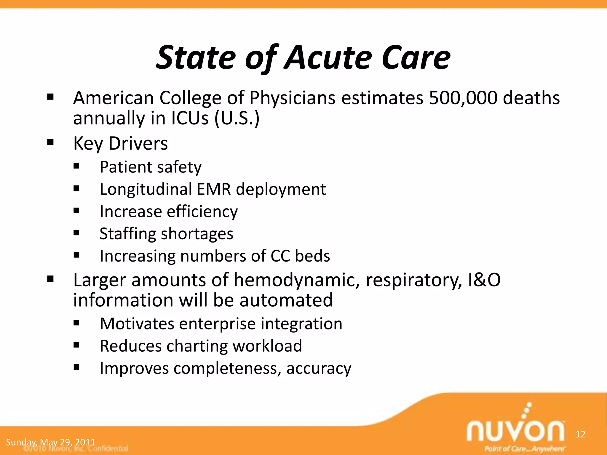 State of Acute Care
         American College of Physicians estimates 500,000 deaths
          annually in ICUs (U.S.)
         Key Drivers
                      Patient safety
                      Longitudinal EMR deployment
                      Increase efficiency
                      Staffing shortages
                      Increasing numbers of CC beds
         Larger amounts of hemodynamic, respiratory, I&O
          information will be automated
                      Motivates enterprise integration
                      Reduces charting workload
                      Improves completeness, accuracy


                                                                    12
Sunday, May 29, 2011
 