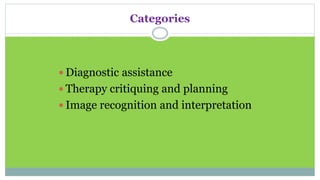 Categories
 Diagnostic assistance
 Therapy critiquing and planning
 Image recognition and interpretation
 