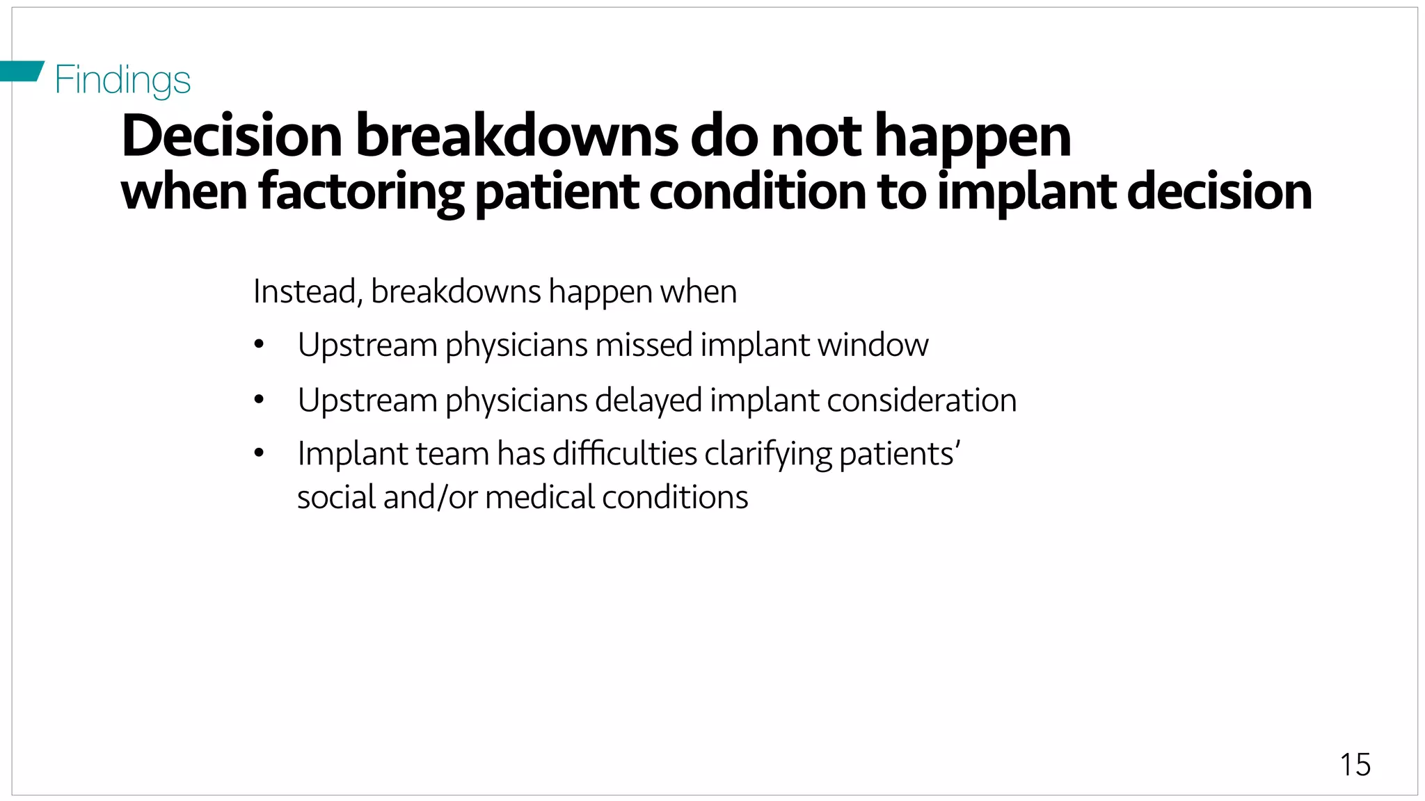 15
Decision breakdowns do not happen
whenfactoringpatientconditiontoimplantdecision
Instead, breakdowns happenwhen
•  Upstream physicians missed implantwindow
•  Upstream physicians delayed implant consideration
•  Implant team has diﬃculties clarifying patients’
social and/or medical conditions
Findings
 