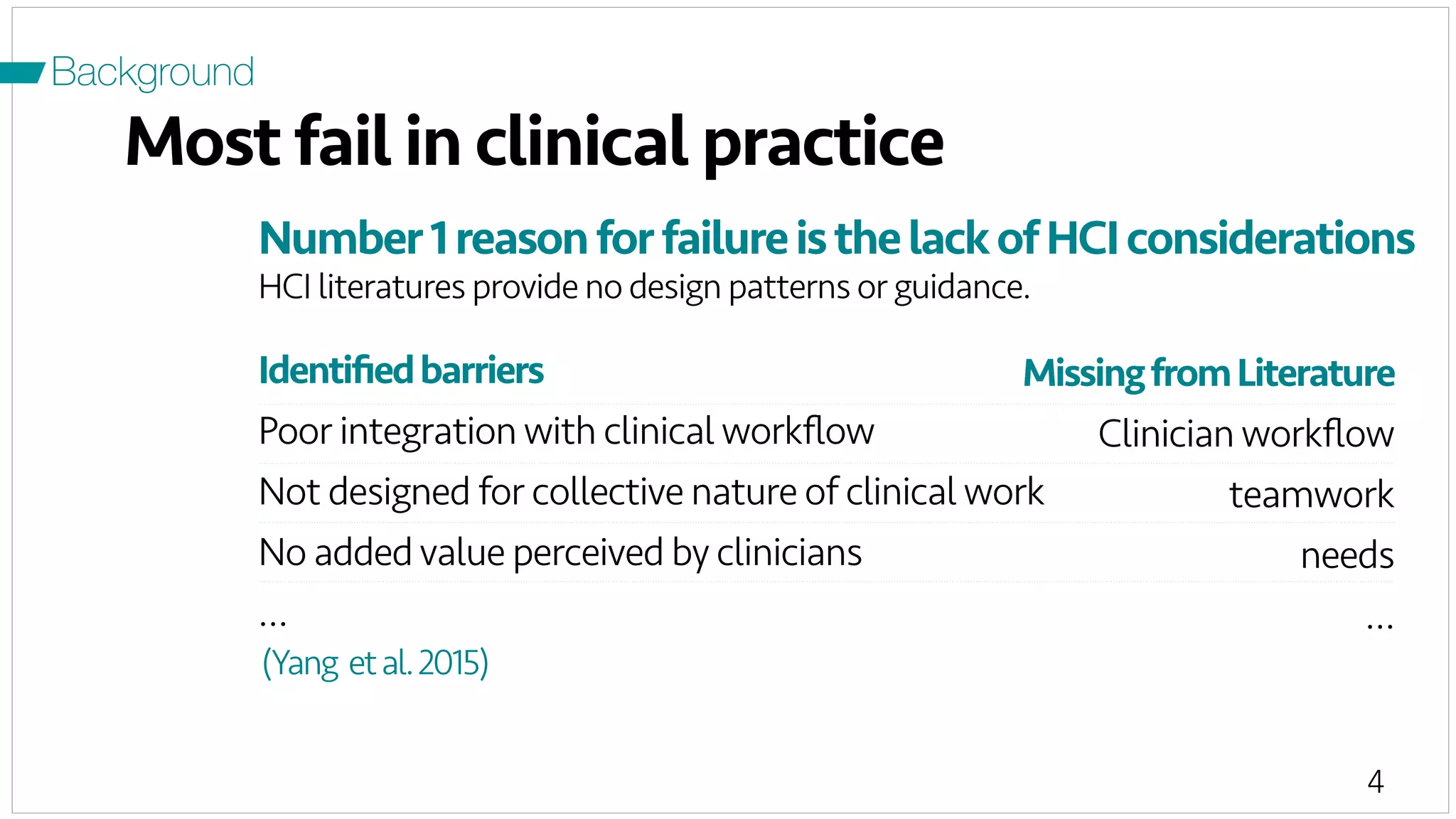 4
Most fail in clinical practice
Number1reasonforfailureisthelackofHCIconsiderations
HCI literatures provide no design patterns or guidance.
Identiﬁedbarriers
Poor integration with clinical workﬂow
Not designed for collective nature of clinical work
No addedvalue perceived by clinicians
…
MissingfromLiterature
Clinician workﬂow
teamwork
needs
…
(Yang etal.2015)
Background
 