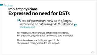 11
Implantphysicians
Expressed no need for DSTs
Findings
For most cases, there arewell-established precedence.
For grey cases, physicians don’t think extra data are helpful.
Physicians do not use decision support tools.
They consult colleagues for decision support.
I can tell you who are really on the fringes.
But there is no data can guide this decision.“	
  
”	
  (Cardiologist,site1)
 