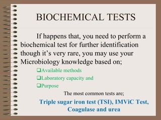 BIOCHEMICAL TESTS
If happens that, you need to perform a
biochemical test for further identification
though it’s very rare, you may use your
Microbiology knowledge based on;
Available methods
Laboratory capacity and
Purpose
The most common tests are;
Triple sugar iron test (TSI), IMViC Test,
Coagulase and urea
 