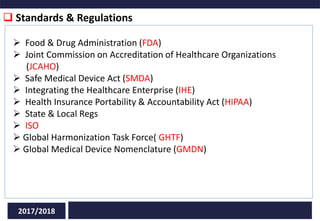  Standards & Regulations
2017/2018
 Food & Drug Administration (FDA)
 Joint Commission on Accreditation of Healthcare Organizations
(JCAHO)
 Safe Medical Device Act (SMDA)
 Integrating the Healthcare Enterprise (IHE)
 Health Insurance Portability & Accountability Act (HIPAA)
 State & Local Regs
 ISO
 Global Harmonization Task Force( GHTF)
 Global Medical Device Nomenclature (GMDN)
 