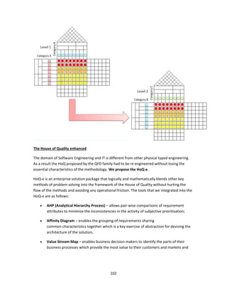 102
The House of Quality enhanced
The domain of Software Engineering and IT is different from other physical typed engineering.
As a result the HoQ proposed by the QFD family had to be re engineered without losing the
essential characteristics of the methodology. We propose the HoQ-e.
HoQ-e is an enterprise solution package that logically and mathematically blends other key
methods of problem solving into the framework of the House of Quality without hurting the
flow of the methods and avoiding any operational friction. The tools that we integrated into the
HoQ-e are as follows:
• AHP (Analytical Hierarchy Process) – allows pair-wise comparisons of requirement
attributes to minimise the inconsistencies in the activity of subjective prioritisation;
• Affinity Diagram – enables the grouping of requirements sharing
common characteristics together which is a key exercise of abstraction for devising the
architecture of the solution,
• Value Stream Map – enables business decision makers to identify the parts of their
business processes which provide the most value to their customers and markets and
 