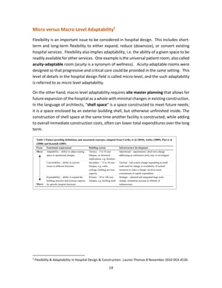 14
Micro versus Macro Level Adaptability2
Flexibility is an important issue to be considered in hospital design. This includes short-
term and long-term flexibility to either expand, reduce (downsize), or convert existing
hospital services. Flexibility also implies adaptability, i.e. the ability of a given space to be
readily available for other services. One example is the universal patient room, also called
acuity-adaptable room (acuity is a synonym of wellness). Acuity-adaptable rooms were
designed so that progressive and critical care could be provided in the same setting. This
level of details in the hospital design field is called micro-level, and the such adaptability
is referred to as micro level adaptability.
On the other hand, macro level adaptability requires site master planning that allows for
future expansion of the hospital as a whole with minimal changes in existing construction.
In the language of architects, “shell space” is a space constructed to meet future needs;
it is a space enclosed by an exterior building shell, but otherwise unfinished inside. The
construction of shell space at the same time another facility is constructed, while adding
to overall immediate construction costs, often can lower total expenditures over the long
term.
2
Flexibility & Adaptability in Hospital Design & Construction. Lauren Thomas 8 November 2010 DEA 4530.
 