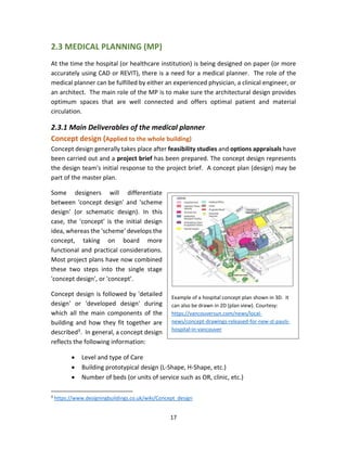 17
2.3 MEDICAL PLANNING (MP)
At the time the hospital (or healthcare institution) is being designed on paper (or more
accurately using CAD or REVIT), there is a need for a medical planner. The role of the
medical planner can be fulfilled by either an experienced physician, a clinical engineer, or
an architect. The main role of the MP is to make sure the architectural design provides
optimum spaces that are well connected and offers optimal patient and material
circulation.
2.3.1 Main Deliverables of the medical planner
Concept design (Applied to the whole building)
Concept design generally takes place after feasibility studies and options appraisals have
been carried out and a project brief has been prepared. The concept design represents
the design team's initial response to the project brief. A concept plan (design) may be
part of the master plan.
Some designers will differentiate
between 'concept design' and 'scheme
design' (or schematic design). In this
case, the 'concept' is the initial design
idea, whereas the 'scheme' develops the
concept, taking on board more
functional and practical considerations.
Most project plans have now combined
these two steps into the single stage
'concept design', or 'concept'.
Concept design is followed by 'detailed
design' or 'developed design' during
which all the main components of the
building and how they fit together are
described3. In general, a concept design
reflects the following information:
• Level and type of Care
• Building prototypical design (L-Shape, H-Shape, etc.)
• Number of beds (or units of service such as OR, clinic, etc.)
3
https://www.designingbuildings.co.uk/wiki/Concept_design
Example of a hospital concept plan shown in 3D. It
can also be drawn in 2D (plan view). Courtesy:
https://vancouversun.com/news/local-
news/concept-drawings-released-for-new-st-pauls-
hospital-in-vancouver
 