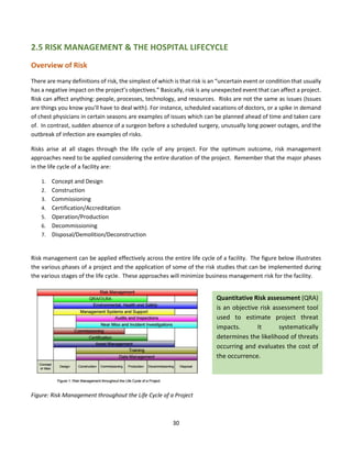 30
2.5 RISK MANAGEMENT & THE HOSPITAL LIFECYCLE
Overview of Risk
There are many definitions of risk, the simplest of which is that risk is an “uncertain event or condition that usually
has a negative impact on the project’s objectives.” Basically, risk is any unexpected event that can affect a project.
Risk can affect anything: people, processes, technology, and resources. Risks are not the same as issues (Issues
are things you know you’ll have to deal with). For instance, scheduled vacations of doctors, or a spike in demand
of chest physicians in certain seasons are examples of issues which can be planned ahead of time and taken care
of. In contrast, sudden absence of a surgeon before a scheduled surgery, unusually long power outages, and the
outbreak of infection are examples of risks.
Risks arise at all stages through the life cycle of any project. For the optimum outcome, risk management
approaches need to be applied considering the entire duration of the project. Remember that the major phases
in the life cycle of a facility are:
1. Concept and Design
2. Construction
3. Commissioning
4. Certification/Accreditation
5. Operation/Production
6. Decommissioning
7. Disposal/Demolition/Deconstruction
Risk management can be applied effectively across the entire life cycle of a facility. The figure below illustrates
the various phases of a project and the application of some of the risk studies that can be implemented during
the various stages of the life cycle. These approaches will minimize business management risk for the facility.
Figure: Risk Management throughout the Life Cycle of a Project
Quantitative Risk assessment (QRA)
is an objective risk assessment tool
used to estimate project threat
impacts. It systematically
determines the likelihood of threats
occurring and evaluates the cost of
the occurrence.
 