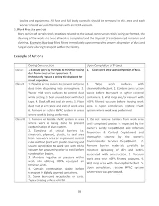 35
bodies and equipment. All foot and full body coveralls should be removed in this area and each
worker should vacuum themselves with an HEPA vacuum.
3. Work Practice controls
They consist of certain work practices related to the actual construction work being performed, the
cleaning of the work site once all work is completed and the disposal of contaminated materials and
clothing. Example: Bag dust-filled filters immediately upon removal to prevent dispersion of dust and
fungal spores during transport within the facility.
Example of Actions
During Construction Upon Completion of Project
Class I 1. Execute work by methods to minimize raising
dust from construction operations. 2.
Immediately replace a ceiling tile displaced for
visual inspection
1. Clean work area upon completion of task.
Class II 1. Provide active means to prevent airborne
dust from dispersing into atmosphere. 2.
Water mist work surfaces to control dust
while cutting. 3. Seal unused doors with duct
tape. 4. Block off and seal air vents. 5. Place
dust mat at entrance and exit of work area
6. Remove or isolate HVAC system in areas
where work is being performed.
1. Wipe work surfaces with
cleaner/disinfectant. 2. Contain construction
waste before transport in tightly covered
containers. 3. Wet mop and/or vacuum with
HEPA filtered vacuum before leaving work
area. 4. Upon completion, restore HVAC
system where work was performed.
Class III 1. Remove or Isolate HVAC system in area
where work is being done to prevent
contamination of duct system.
2. Complete all critical barriers i.e.
sheetrock, plywood, plastic, to seal area
from non-work area or implement control
cube method (cart with plastic covering and
sealed connection to work site with HEPA
vacuum for vacuuming prior to exit) before
construction begins.
3. Maintain negative air pressure within
work site utilizing HEPA equipped air
filtration units.
4. Contain construction waste before
transport in tightly covered containers.
5. Cover transport receptacles or carts.
Tape covering unless solid lid.
1. Do not remove barriers from work area
until completed project is inspected by the
owner’s Safety Department and Infection
Prevention & Control Department and
thoroughly cleaned by the owner’s
Environmental Services Department. 2.
Remove barrier materials carefully to
minimize spreading of dirt and debris
associated with construction. 3. Vacuum
work area with HEPA filtered vacuums. 4.
Wet mop area with cleaner/disinfectant. 5.
Upon completion, restore HVAC system
where work was performed.
 