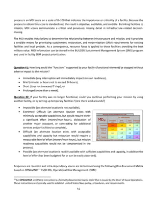 41
process is an MDI score on a scale of 0–100 that indicates the importance or criticality of a facility. Because the
process to obtain this score is standardized, the result is objective, auditable, and credible. By linking facilities to
mission, MDI scores communicate a critical and previously missing detail in infrastructure-related decision-
making.
The MDI enables installations to determine the relationship between infrastructure and mission, and it provides
a credible means for prioritizing sustainment, restoration, and modernization (SRM) requirements for existing
facilities and local projects. As a consequence, resource focus is applied to those facilities providing the best
military value. MDI information can be stored in the BUILDER Sustainment Management System (SMS) program
and used in facility SRM project prioritization.
Question #1: How long could the "functions" supported by your facility (functional element) be stopped without
adverse impact to the mission?
• Immediate (any interruption will immediately impact mission readiness),
• Brief (minutes or hours not to exceed 24 hours),
• Short (days not to exceed 7 days), or
• Prolonged (more than a week).
Question #2: If your facility was no longer functional, could you continue performing your mission by using
another facility, or by setting up temporary facilities? (Are there workarounds?)
• Impossible (an alternate location is not available),
• Extremely Difficult (an alternate location exists with
minimally acceptable capabilities, but would require either
a significant effort (money/man-hours), dislocation of
another major occupant, or contracting for additional
services and/or facilities to complete),
• Difficult (an alternate location exists with acceptable
capabilities and capacity but relocation would require a
measurable level of effort (money/man-hours), but mission
readiness capabilities would not be compromised in the
process),
• Possible (an alternate location is readily available with sufficient capabilities and capacity, in addition the
level of effort has been budgeted for or can be easily absorbed).
Responses are recorded and intra-dependency scores are determined using the following Risk Assessment Matrix
based on OPNAVINST13
3500.39b, Operational Risk Management (ORM):
13
An OPNAVINST or OPNAV Instruction is a formally documented lawful order that is issued by the Chief of Naval Operations.
These instructions are typically used to establish United States Navy policy, procedures, and requirements.
 