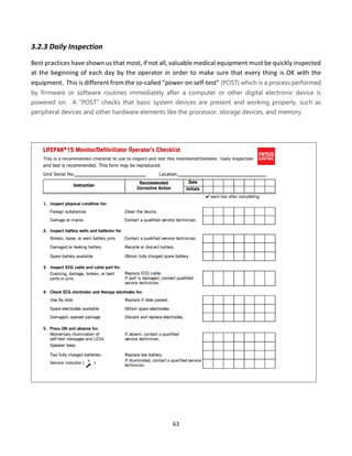 63
3.2.3 Daily Inspection
Best practices have shown us that most, if not all, valuable medical equipment must be quickly inspected
at the beginning of each day by the operator in order to make sure that every thing is OK with the
equipment. This is different from the so-called “power-on self-test” (POST) which is a process performed
by firmware or software routines immediately after a computer or other digital electronic device is
powered on. A “POST” checks that basic system devices are present and working properly, such as
peripheral devices and other hardware elements like the processor, storage devices, and memory.
 