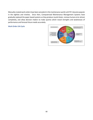 68
Manually created work orders have been prevalent in the maintenance world until PC’s became popular
in the eighties and nineties. Since then, Computerized Maintenance Management Systems have
gradually replaced the paper-based systems as they produce results faster, remove human error almost
completely, and allow decision makers to make queries which reveal strengths and weaknesses of
performance and forecast future needs accurately.
Work Order Life Cycle
 