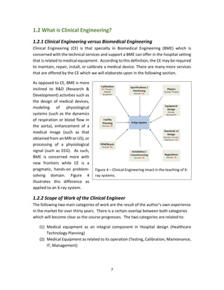 7
1.2 What is Clinical Engineering?
1.2.1 Clinical Engineering versus Biomedical Engineering
Clinical Engineering (CE) is that specialty in Biomedical Engineering (BME) which is
concerned with the technical services and support a BME can offer in the hospital setting
that is related to medical equipment. According to this definition, the CE may be required
to maintain, repair, install, or calibrate a medical device. There are many more services
that are offered by the CE which we will elaborate upon in the following section.
As opposed to CE, BME is more
inclined to R&D (Research &
Development) activities such as
the design of medical devices,
modeling of physiological
systems (such as the dynamics
of respiration or blood flow in
the aorta), enhancement of a
medical image (such as that
obtained from an MRI or US), or
processing of a physiological
signal (such as EEG). As such,
BME is concerned more with
new frontiers while CE is a
pragmatic, hands-on problem-
solving domain. Figure 4
illustrates this difference as
applied to an X-ray system.
1.2.2 Scope of Work of the Clinical Engineer
The following two main categories of work are the result of the author’s own experience
in the market for over thirty years. There is a certain overlap between both categories
which will become clear as the course progresses. The two categories are related to:
(1) Medical equipment as an integral component in Hospital design (Healthcare
Technology Planning)
(2) Medical Equipment as related to its operation (Testing, Calibration, Maintenance,
IT, Management)
Figure 4 – Clinical Engineering imact in the teaching of X-
ray systems.
 