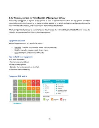 73
3.4.3 Risk Assessment for Prioritization of Equipment Service
A criticality rating given to a piece of equipment is used to determine how often the equipment should be
inspected or maintained, as well as to give a scheduler a guide as to which notifications and work orders can be
rescheduled to a future date, and which require more immediate attention.
When giving criticality ratings to equipment, one should assess the vulnerability (likelihood of failure) versus the
criticality (consequence of the failure) of each equipment.
Equipment Location
Medical equipment may be classified as either:
• Portable: Example: ECG, Infusion pump, suction pump, etc.
• Mobile: Examples include mobile X-ray, C-arm,
• Fixed: Examples: CT Scanners, MRI’s, etc.
How to Rank your Equipment
• List your equipment
• Form an assessment team
• Score your equipment
• Consider the business risk if an item fails
• Convert score to risk rating
Equipment Risk Matrix
 